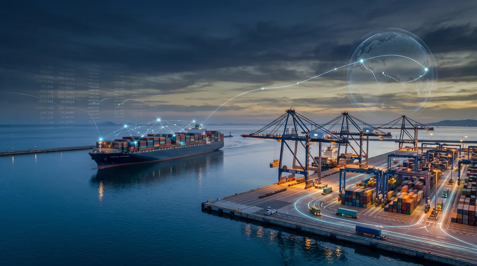 Porto commerciale con container e gru, corridoio Italia Cina